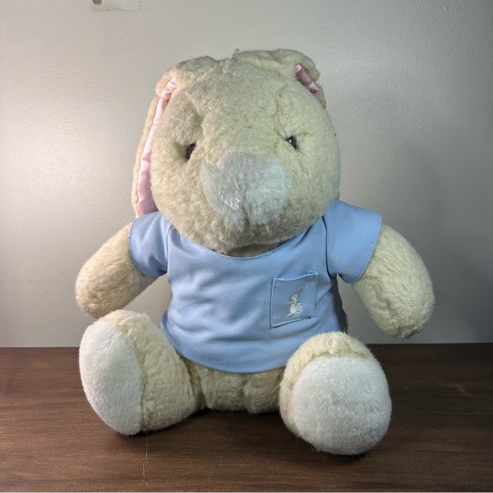 Vintage Commonwealth 1987 Bunny Rabbit Pink Satin Ears Blue Shirt Plush 13”